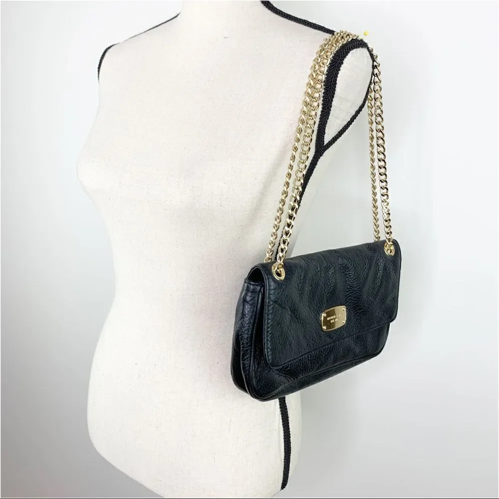 MICHAEL KORS Jet Set Black Leather/Double Gold‎ Chain Small Shoulder Bag